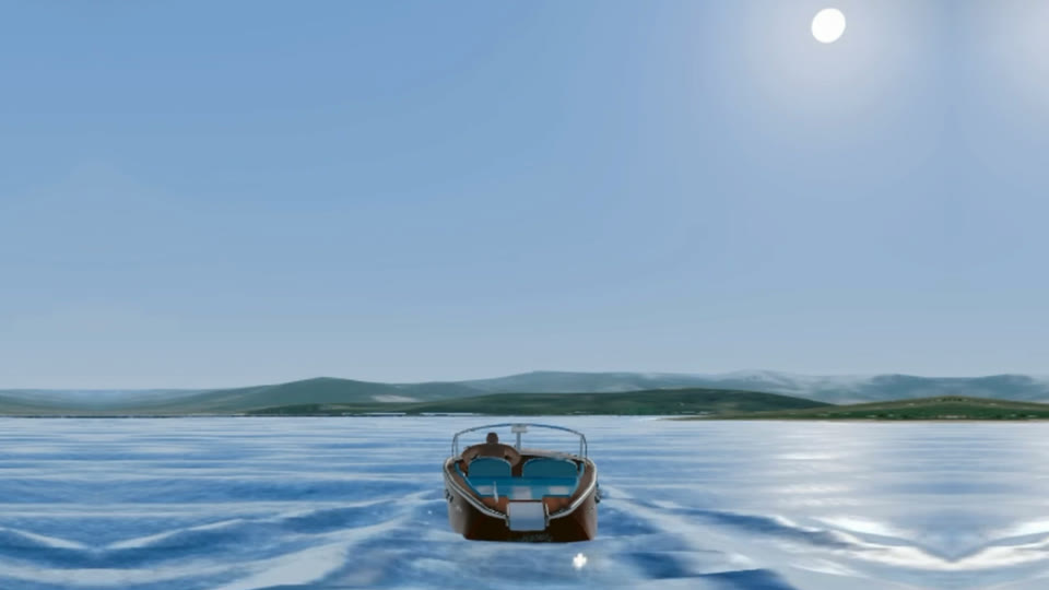 A wooden runabout leaving a wake across sunlit water toward the hills of Galešnjak, Croatia, in Open Waves
