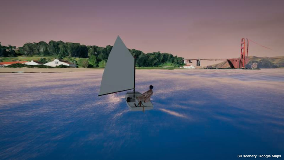 A sailing dinghy at dusk off Crissy Field with the Golden Gate Bridge behind, in Open Waves