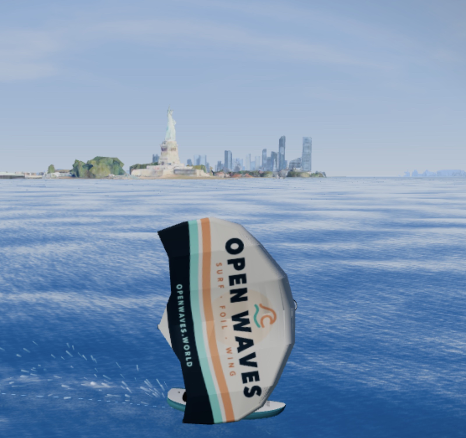 Wing foiling beside the Statue of Liberty and New York skyline in Open Waves